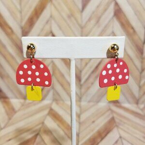 Red and Yellow Polka Dot Mushroom Gold Stud Earrings